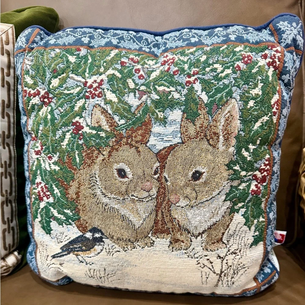 Vintage Riverdale Tapestry Rabbit Bunny Bird Decorative Throw Pillow Christmas